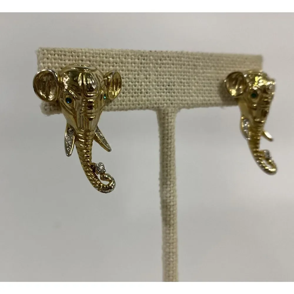 Vintage Elephant Pierced Earrings Rhinestone Gold Faux Emerald Eyes‎